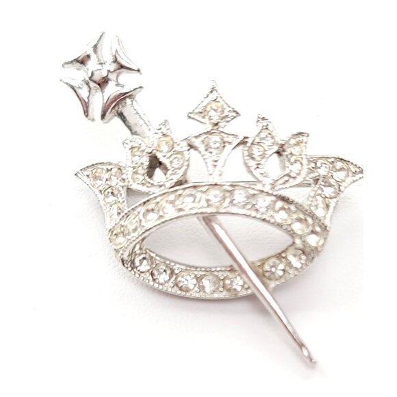 Ora Silvertone Clear Rhinestone Crown Scepter Brooch, Signed - Picture 1 of 7